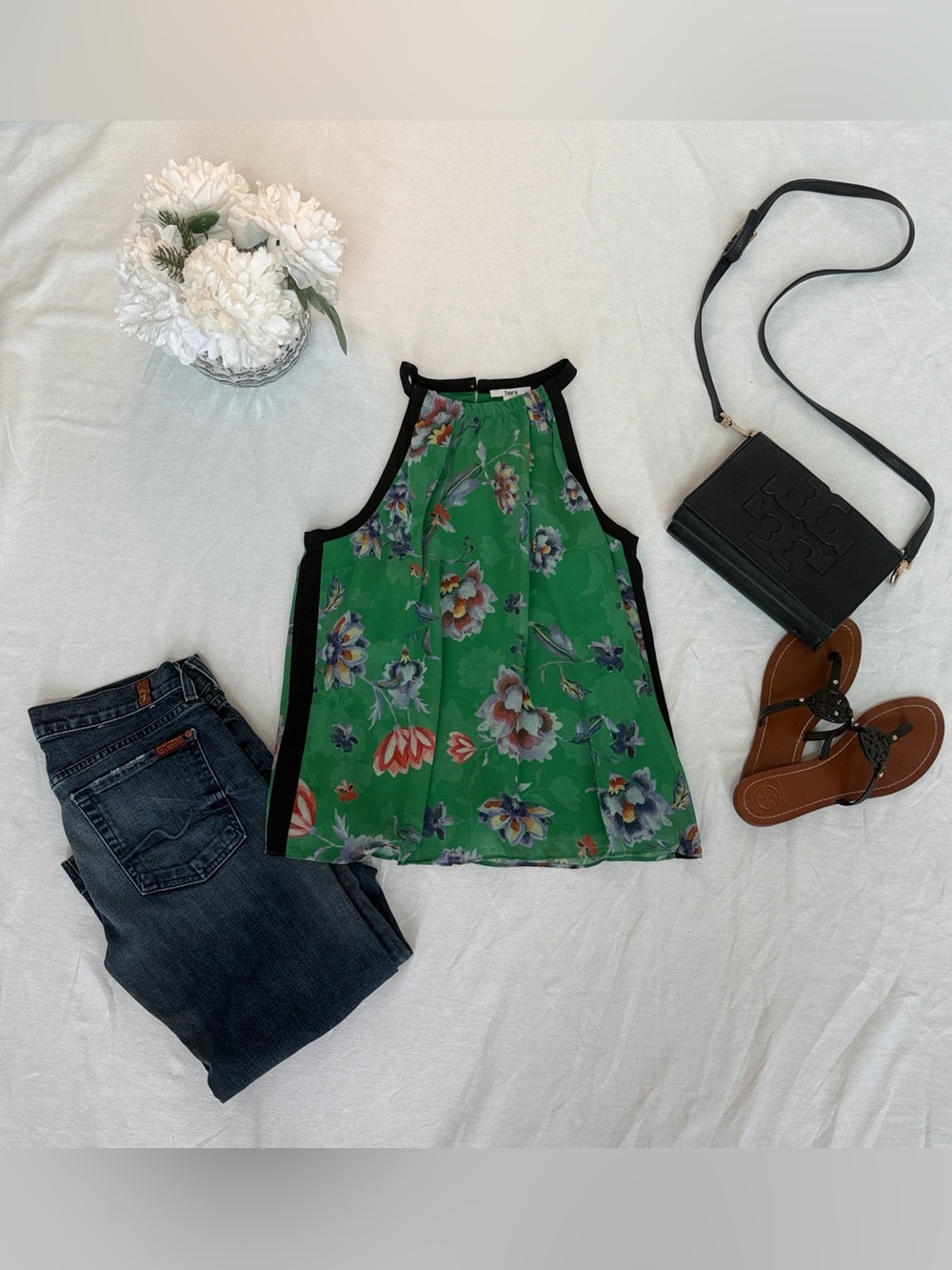 Bar III Green Floral Halter Camisole with Black Trim